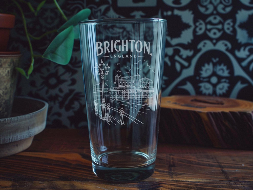 Brighton England Pint Glass, Brighton Seaside Souvenir Beer Glass, UK Coastal Travel Gift, Brighton Pier Keepsake Glass