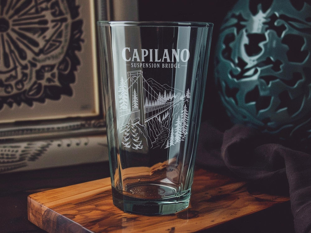 Capilano Suspension Bridge Pint Glass, Vancouver Landmark Souvenir Glass, British Columbia Travel Gift, Scenic Bridge Drinkware