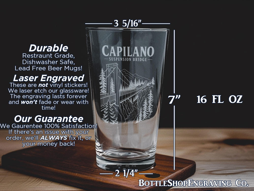 Capilano Suspension Bridge Pint Glass, Vancouver Landmark Souvenir Glass, British Columbia Travel Gift, Scenic Bridge Drinkware