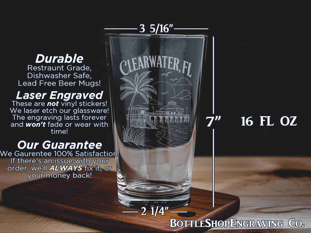 Clearwater FL Pint Glass, Clearwater Florida Souvenir Glass, Beach Town Travel Gift, Coastal Vacation Drinkware