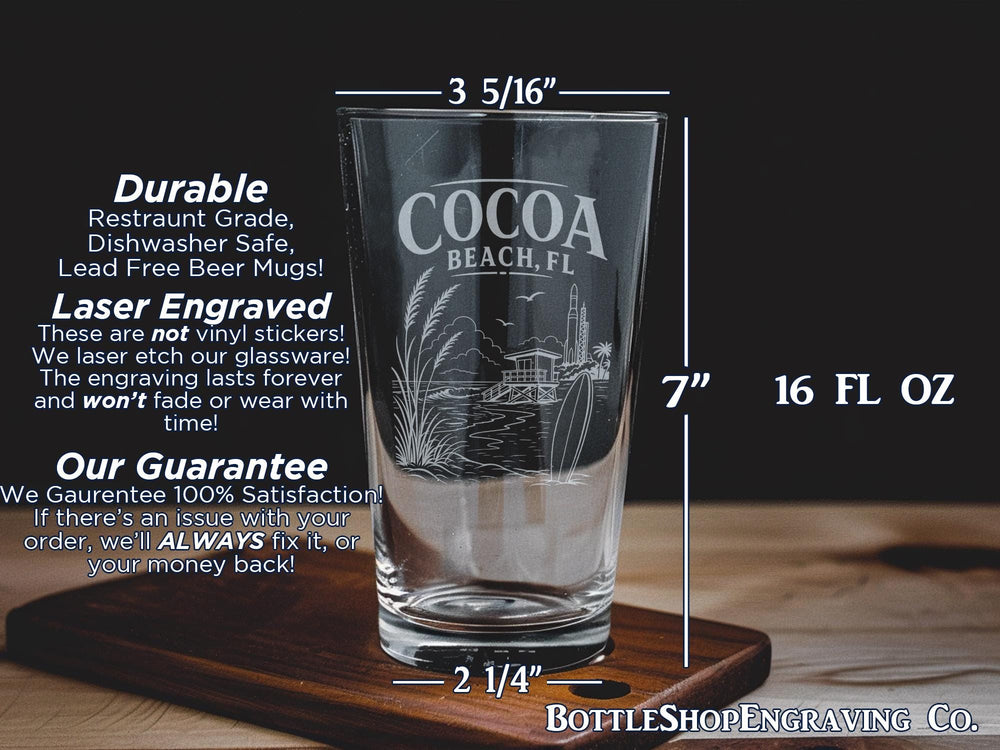 Cocoa Beach FL Pint Glass, Florida Beach Souvenir Drinkware, Coastal Vacation Gift, Space Coast Bar Glass