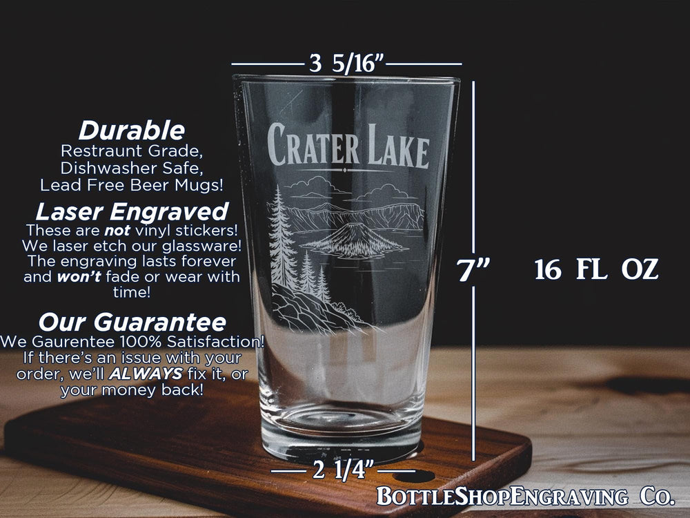 Crater Lake Oregon Pint Glass, Wizard Island Souvenir Beer Glass, Cascade Mountains Lake View Drinkware Gift