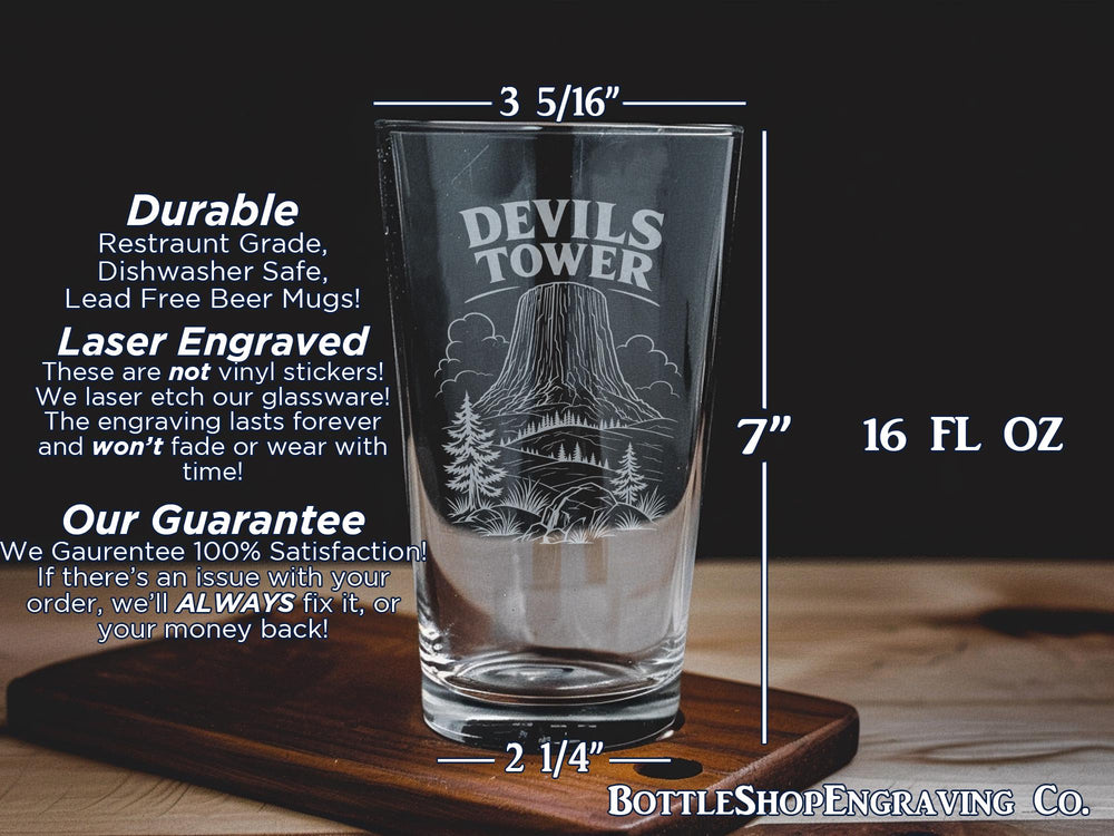Devils Tower National Monument Pint Glass, Wyoming Landmark Beer Glass, Outdoor Nature Travel Souvenir Drinkware