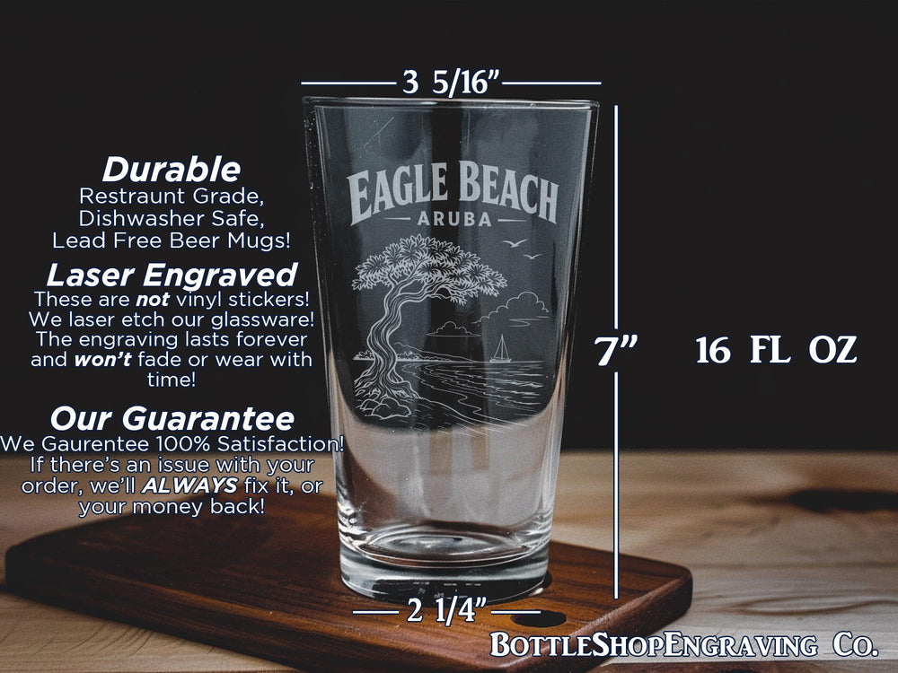 Eagle Beach Aruba Pint Glass, Aruba Beach Souvenir Glass, Caribbean Beach Vacation Drinkware, Tropical Island Bar Glass