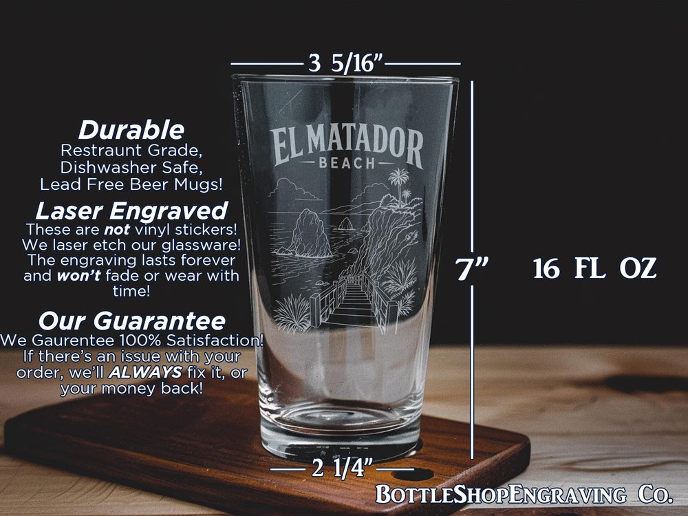 El Matador Beach Pint Glass, Malibu California Coastal Cliffs and Ocean Waves Souvenir Beer Glass, Beach Lover Gift