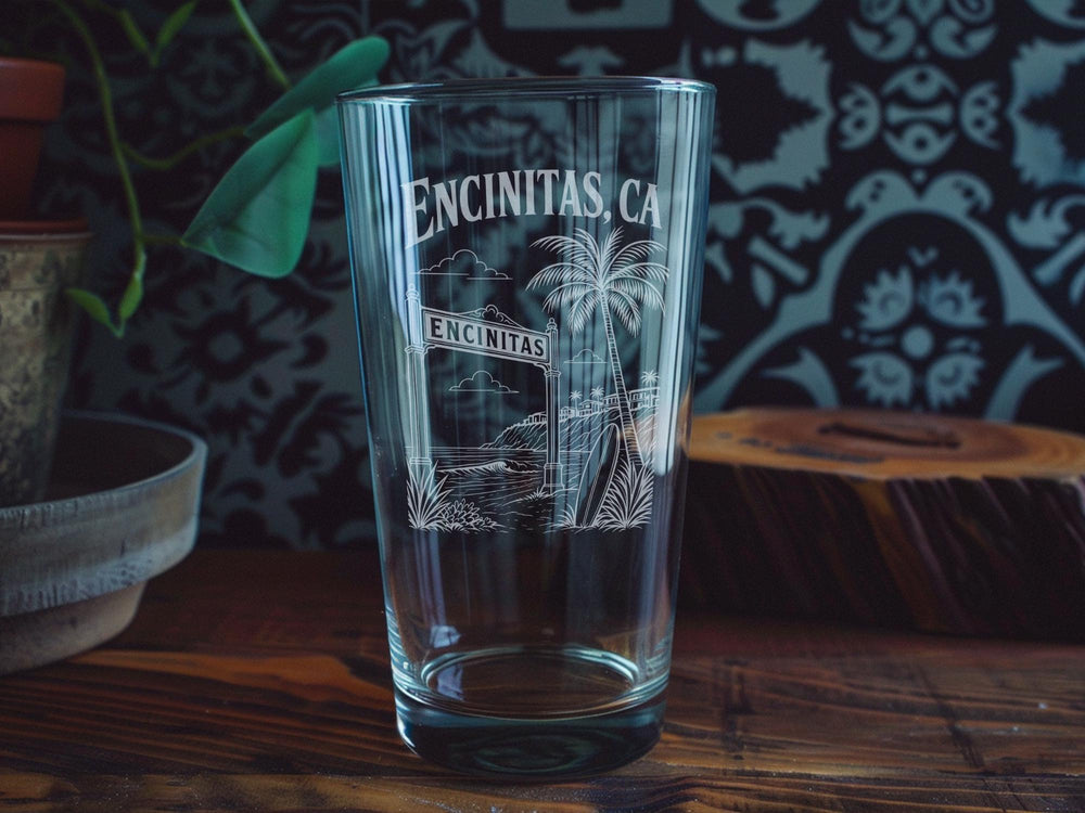 Encinitas CA Pint Glass, Encinitas California Souvenir Beer Glass, Coastal Beach Town Drinkware Gift