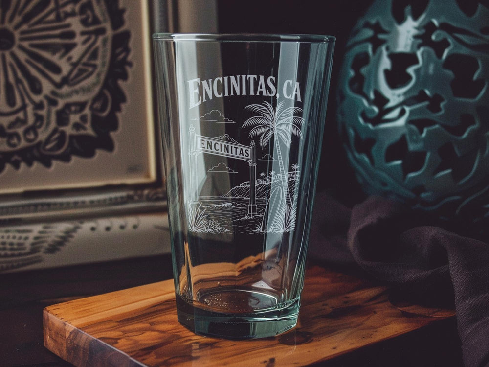 Encinitas CA Pint Glass, Encinitas California Souvenir Beer Glass, Coastal Beach Town Drinkware Gift