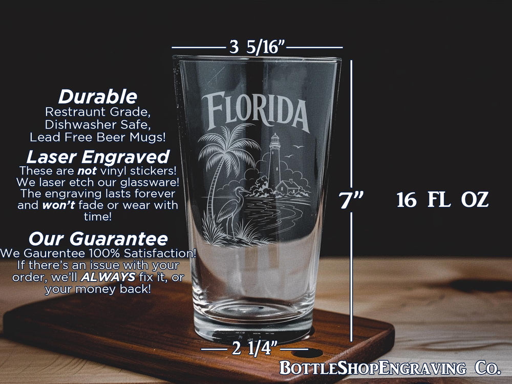 Florida Pint Glass, Florida State Souvenir Beer Glass, Florida Travel Gift, Florida Vacation Keepsake, Florida Theme Drinkware