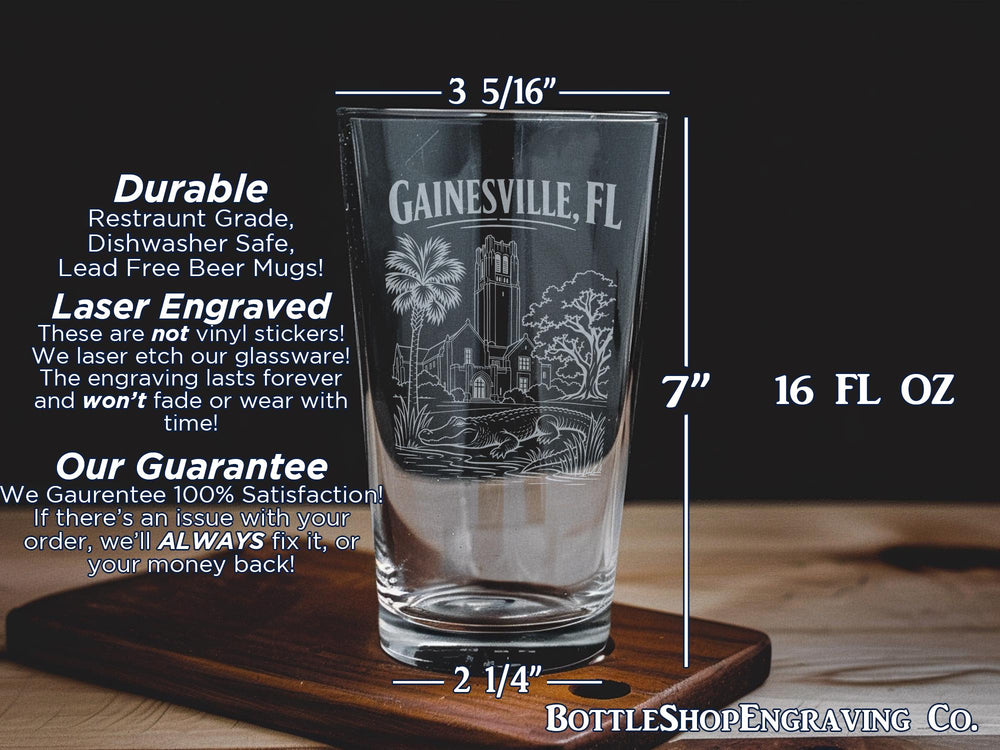 Gainesville FL Pint Glass, Gainesville Florida Souvenir Drinkware, City Name Beer Glass, College Town Gift, Florida Travel Keepsake