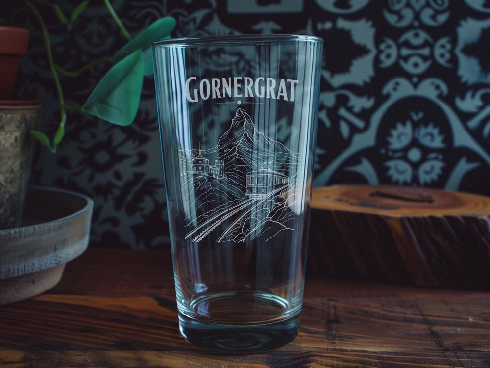 Gornergrat Pint Glass, Swiss Alps Mountain Scenic Beer Glass, Zermatt Switzerland Souvenir Drinkware, Matterhorn View Glass