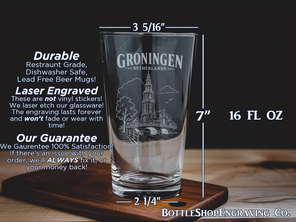 Groningen Netherlands Pint Glass, Groningen City Souvenir Beer Glass, Dutch Travel Gift, Holland Barware, Netherlands Keepsake Glass