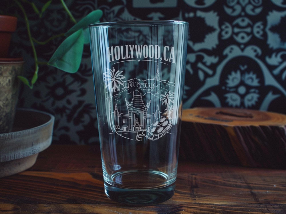 Hollywood, CA Pint Glass, Hollywood California Souvenir Drinking Glass, Los Angeles Landmark Gift, Travel Keepsake Barware