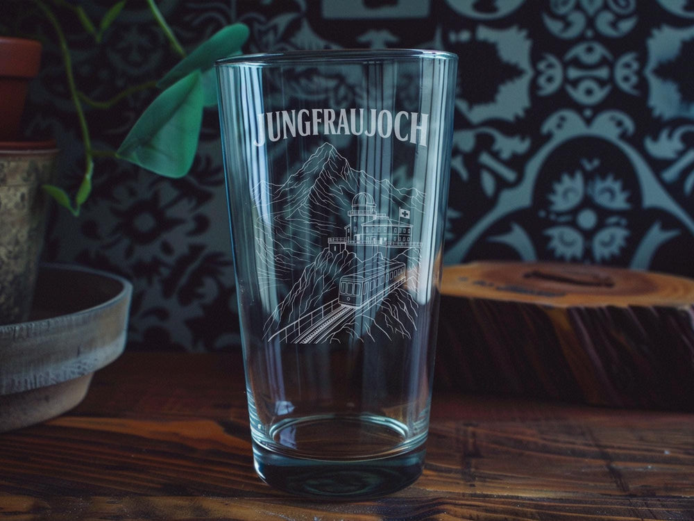 Jungfraujoch Switzerland Pint Glass, Swiss Alps Mountain Peak Souvenir Beer Glass, Travel Gift for Hikers and Skiers