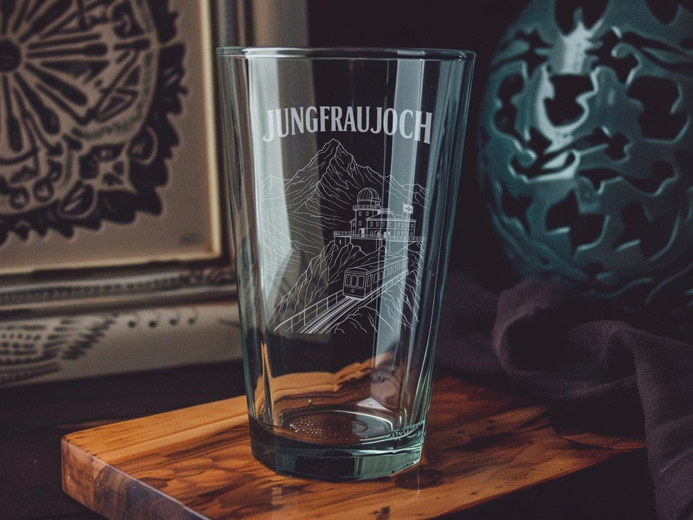 Jungfraujoch Switzerland Pint Glass, Swiss Alps Mountain Peak Souvenir Beer Glass, Travel Gift for Hikers and Skiers