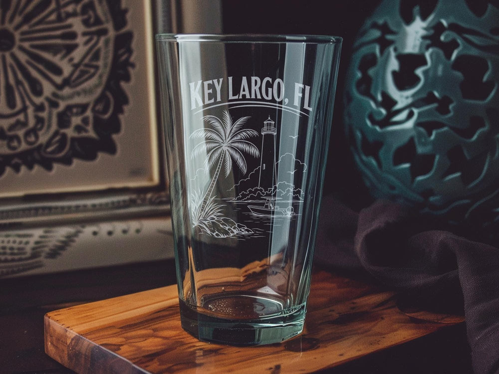 Key Largo FL Pint Glass, Florida Keys Souvenir Drinkware, Key Largo Florida Vacation Gift, Coastal Bar Glass, Beach Town Keepsake