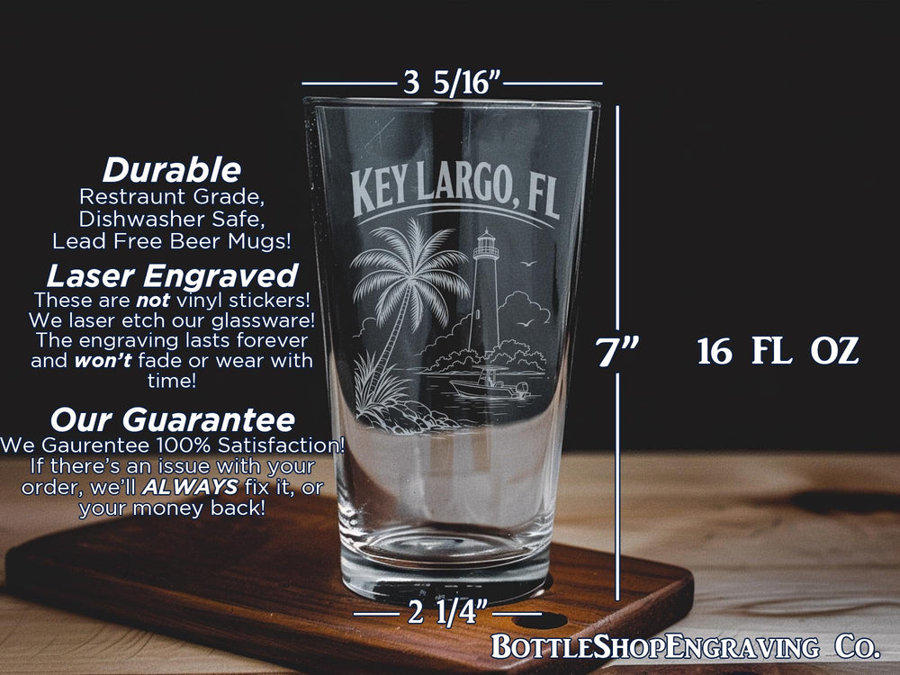 Key Largo FL Pint Glass, Florida Keys Souvenir Drinkware, Key Largo Florida Vacation Gift, Coastal Bar Glass, Beach Town Keepsake