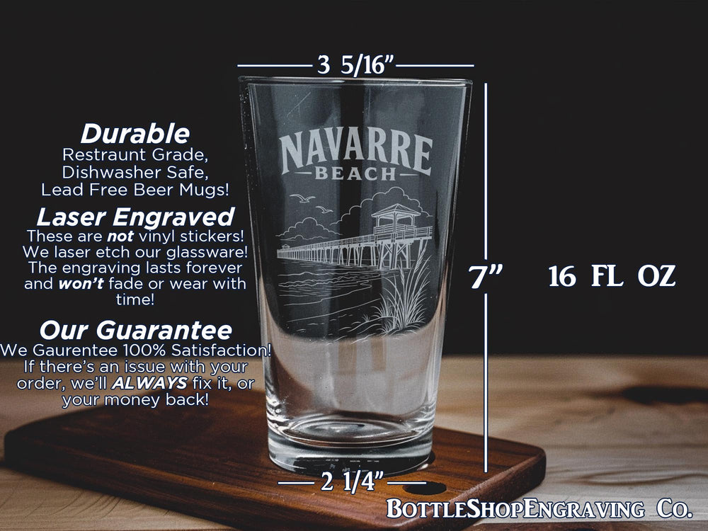Navarre Beach Pint Glass, Florida Beach Souvenir Beer Glass, Coastal Vacation Drinkware, Gulf Coast Barware Gift
