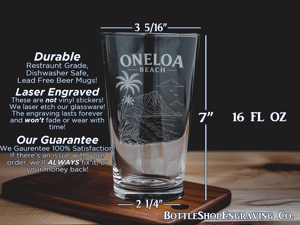 Oneloa Beach Pint Glass, Hawaii Beach Scene Drinking Glass, Coastal Island Vacation Souvenir Barware Gift