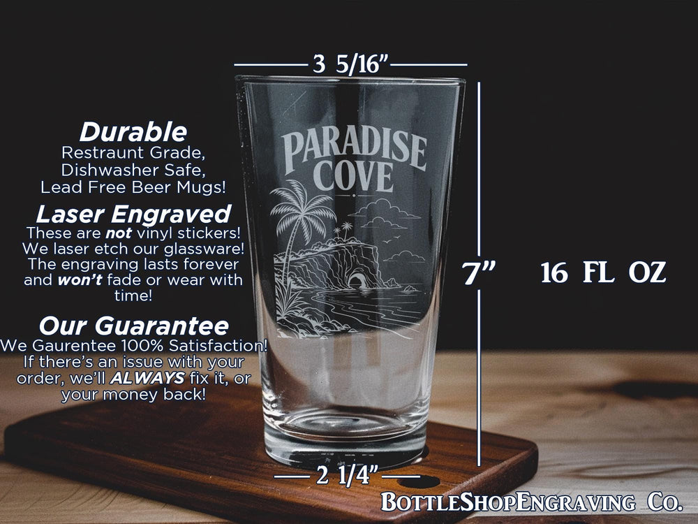 Paradise Cove Pint Glass, Tropical Beach Cove Scene Drinkware, Coastal Island Vacation Bar Glass, Ocean Shore Cocktail Glass