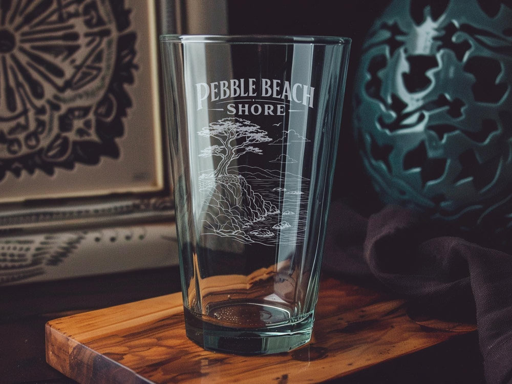 Pebble Beach Shore Pint Glass, Coastal Beach Scene Drinking Glass, Ocean Waves Seaside Gift, California Beach Lover Barware