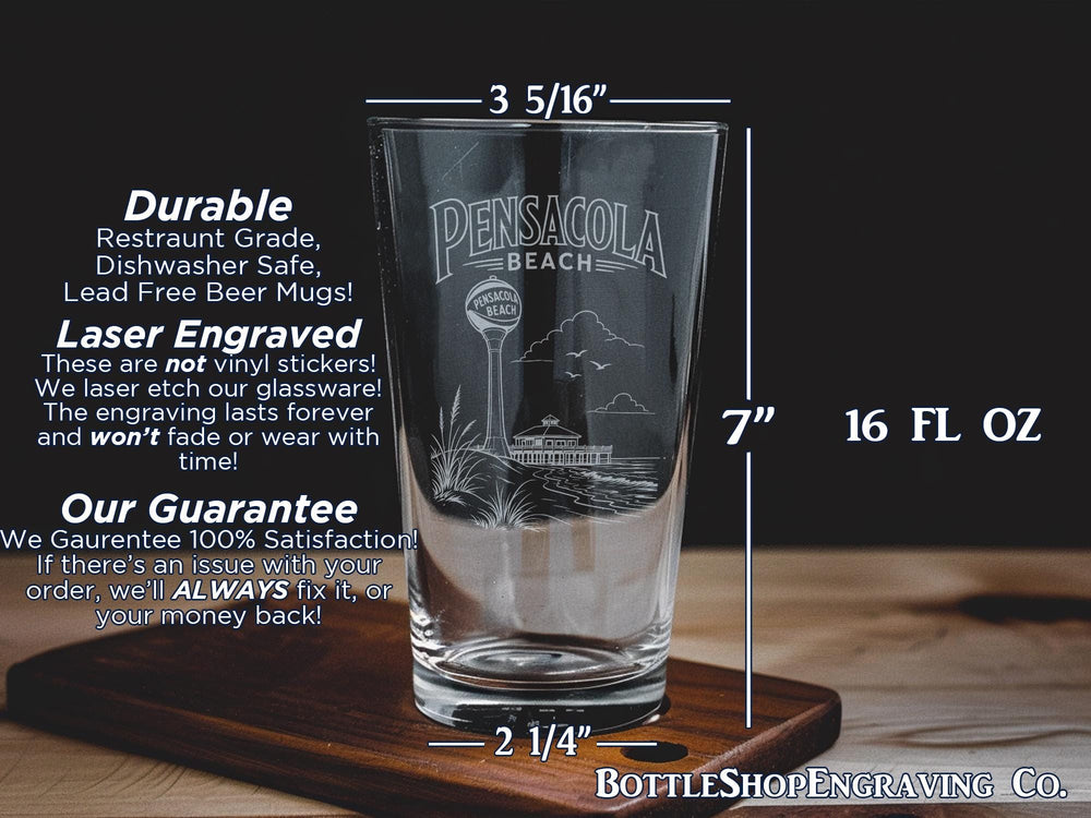 Pensacola Beach Pint Glass, Florida Gulf Coast Souvenir Drinkware, Beach Vacation Gift, Coastal Bar Glass, Seaside Keepsake
