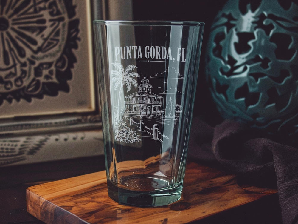 Punta Gorda FL Pint Glass, Punta Gorda Florida Souvenir Drinkware, Coastal Gulf Coast City Gift, Florida Vacation Keepsake