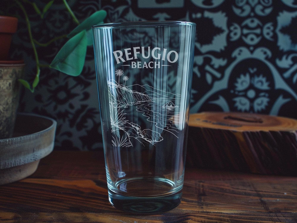 Refugio Beach Pint Glass, California Coastal Beach Scene Drinking Glass, Santa Barbara County Souvenir Barware Gift
