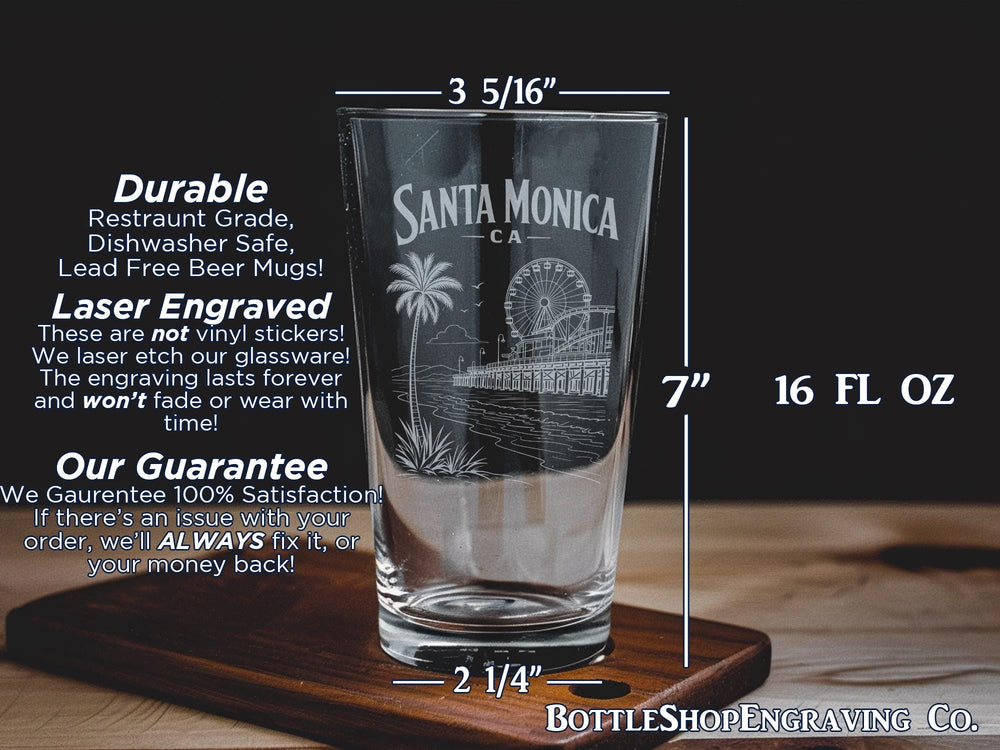 Santa Monica CA Pint Glass, Santa Monica California Souvenir Beer Glass, Coastal Beach City Travel Gift, West Coast Barware