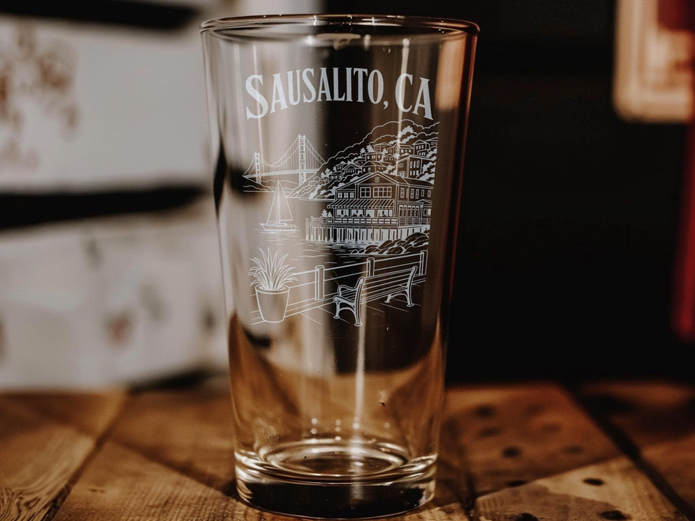 Sausalito CA Pint Glass, Sausalito California Souvenir Beer Glass, Bay Area Travel Gift, Waterfront Town Keepsake Glass