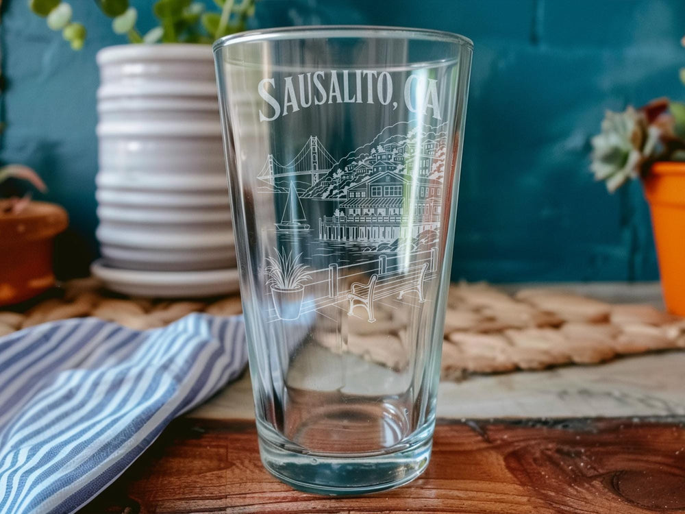Sausalito CA Pint Glass, Sausalito California Souvenir Beer Glass, Bay Area Travel Gift, Waterfront Town Keepsake Glass