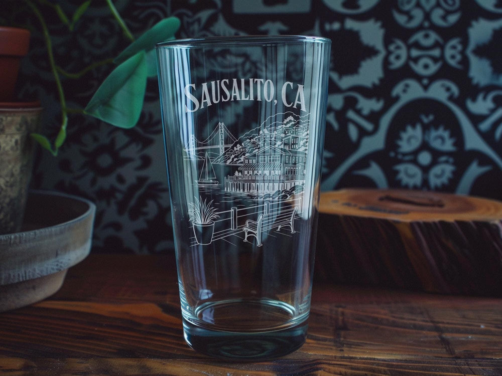 Sausalito CA Pint Glass, Sausalito California Souvenir Beer Glass, Bay Area Travel Gift, Waterfront Town Keepsake Glass