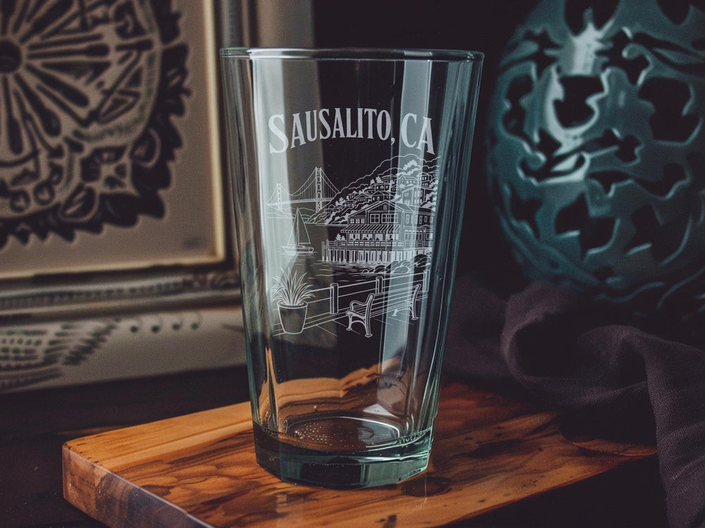 Sausalito CA Pint Glass, Sausalito California Souvenir Beer Glass, Bay Area Travel Gift, Waterfront Town Keepsake Glass