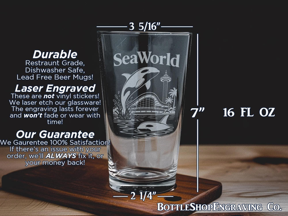 SeaWorld Pint Glass, SeaWorld Theme Park Souvenir Beer Glass, Ocean Wildlife Attraction Drinkware Gift