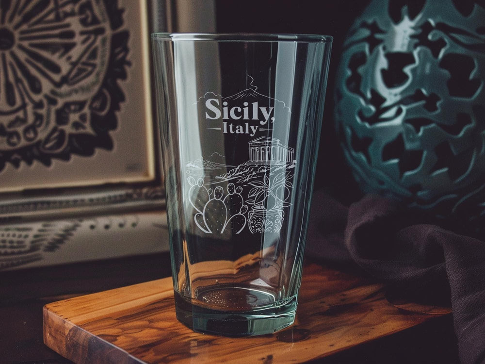 Sicily Italy Pint Glass, Sicily Travel Souvenir Beer Glass, Italian Island Vacation Gift, Sicily Destination Drinkware
