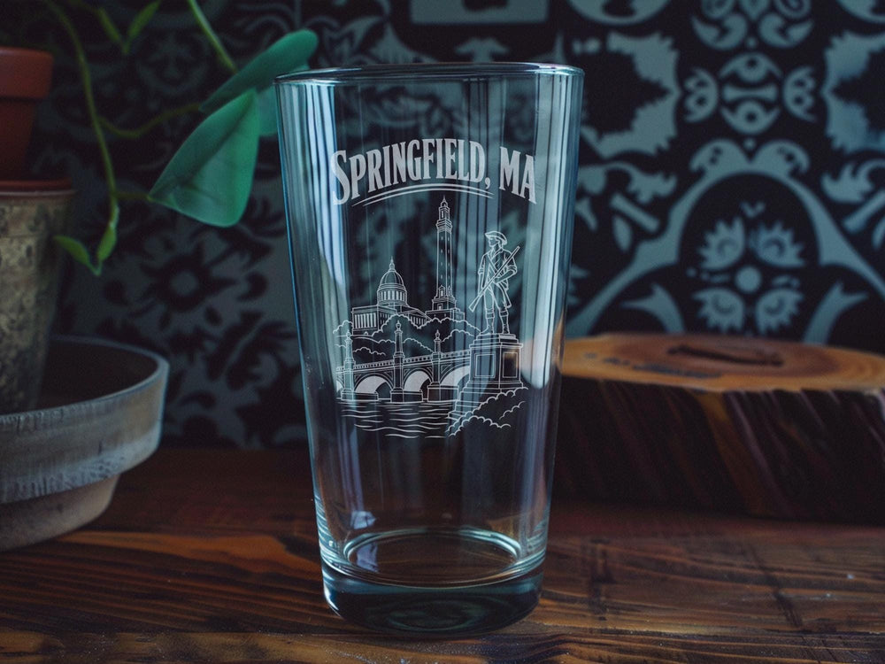 Springfield MA Pint Glass, Springfield Massachusetts Souvenir Beer Glass, City Skyline Landmark Drinking Glass Gift