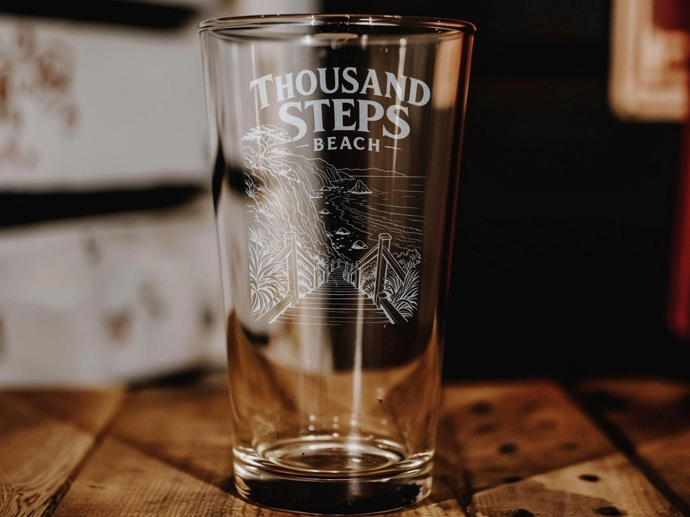 Thousand Steps Beach Pint Glass, Coastal Beach Scene Souvenir Beer Glass, California Shoreline Ocean Waves Drinkware Gift
