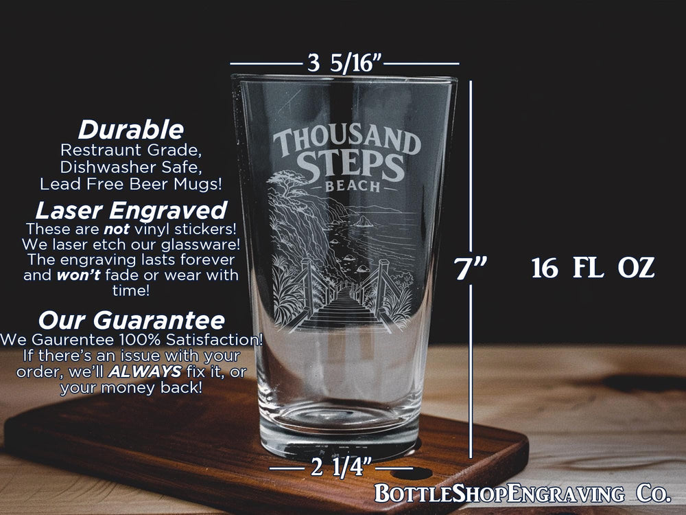 Thousand Steps Beach Pint Glass, Coastal Beach Scene Souvenir Beer Glass, California Shoreline Ocean Waves Drinkware Gift