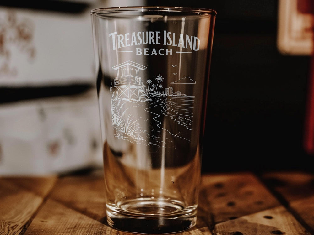 Treasure Island Beach Pint Glass, Florida Gulf Coast Souvenir Drinkware, Beach Vacation Gift, Coastal Bar Glass, Ocean Lover Gift
