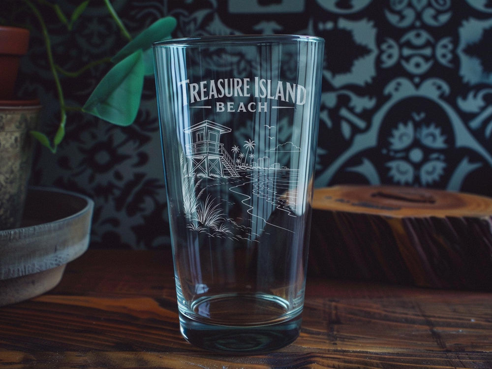 Treasure Island Beach Pint Glass, Florida Gulf Coast Souvenir Drinkware, Beach Vacation Gift, Coastal Bar Glass, Ocean Lover Gift