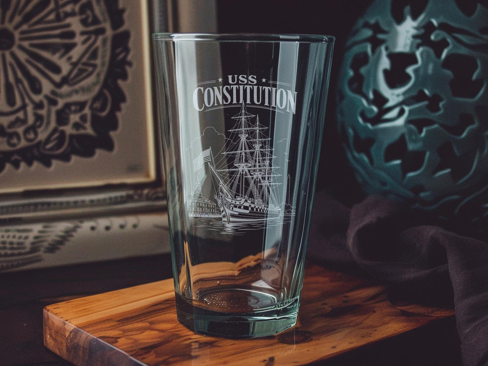 USS Constitution Warship Pint Glass, Old Ironsides Naval Ship Drinking Glass, Historic American Navy Tall Ship Gift