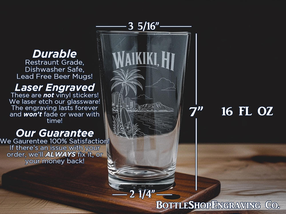 Waikiki HI Pint Glass, Waikiki Beach Hawaii Souvenir Drinkware, Honolulu Vacation Coastal Tropical Island Gift