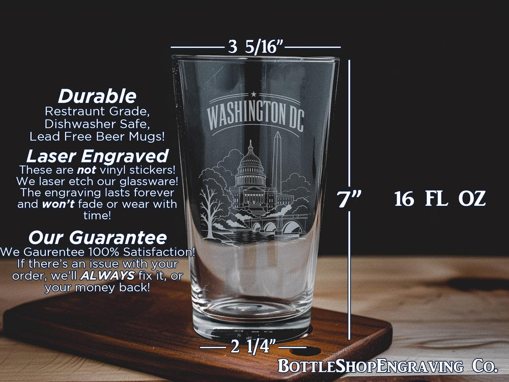 Washington DC Pint Glass, US Capitol, Washington Monument, Lincoln Memorial, National Mall Souvenir Beer Glass Gift