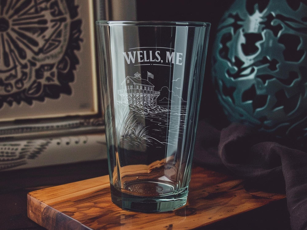 Wells ME Pint Glass, Wells Maine Souvenir Drinking Glass, Coastal Town Vacation Keepsake Barware Gift