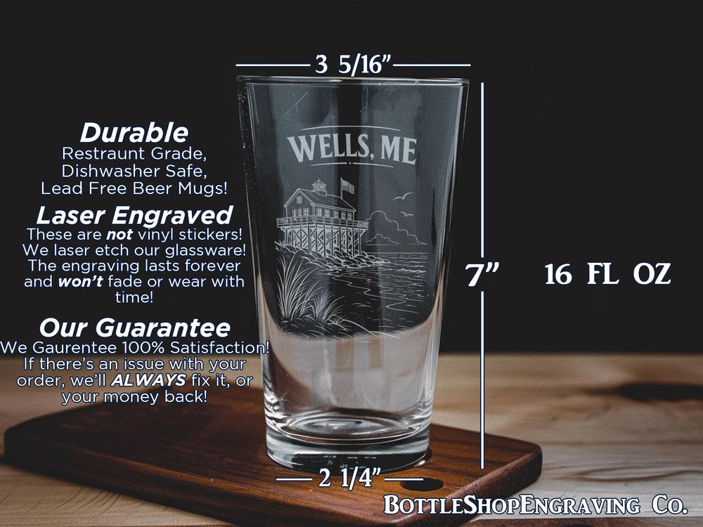 Wells ME Pint Glass, Wells Maine Souvenir Drinking Glass, Coastal Town Vacation Keepsake Barware Gift