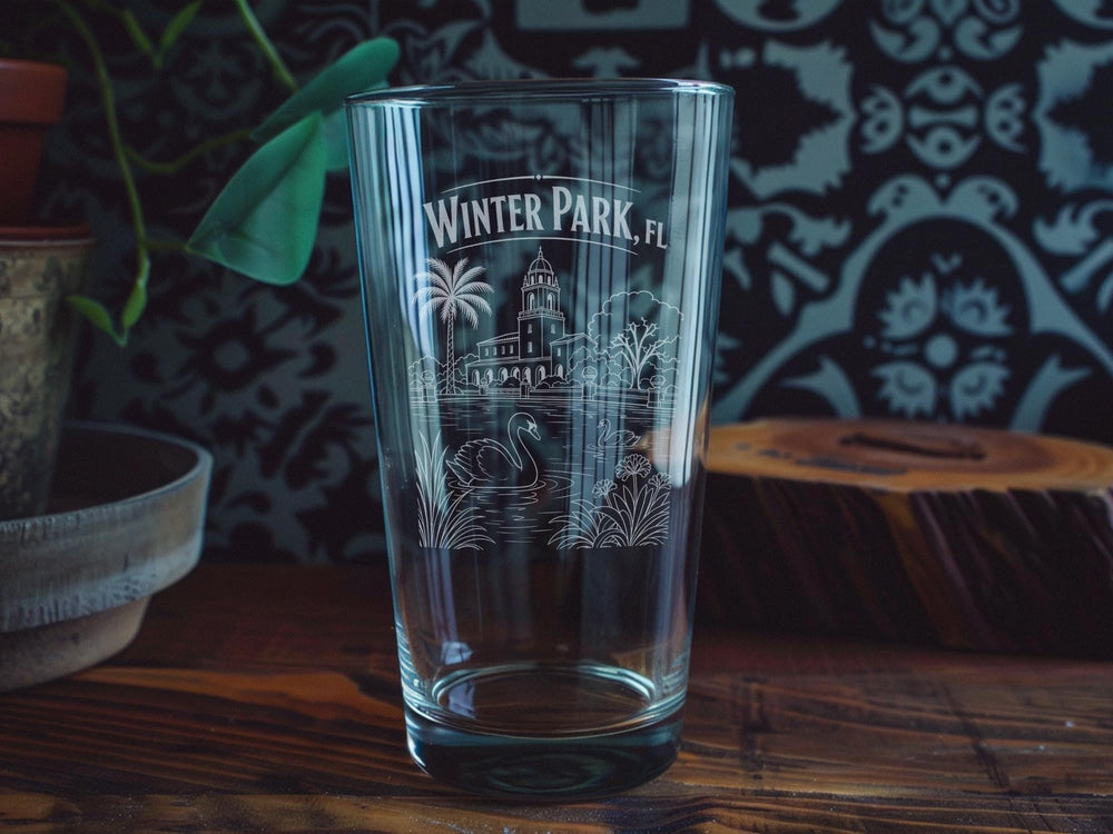Winter Park FL Pint Glass, Winter Park Florida Souvenir Beer Glass, Scenic City Skyline Travel Gift Drinkware