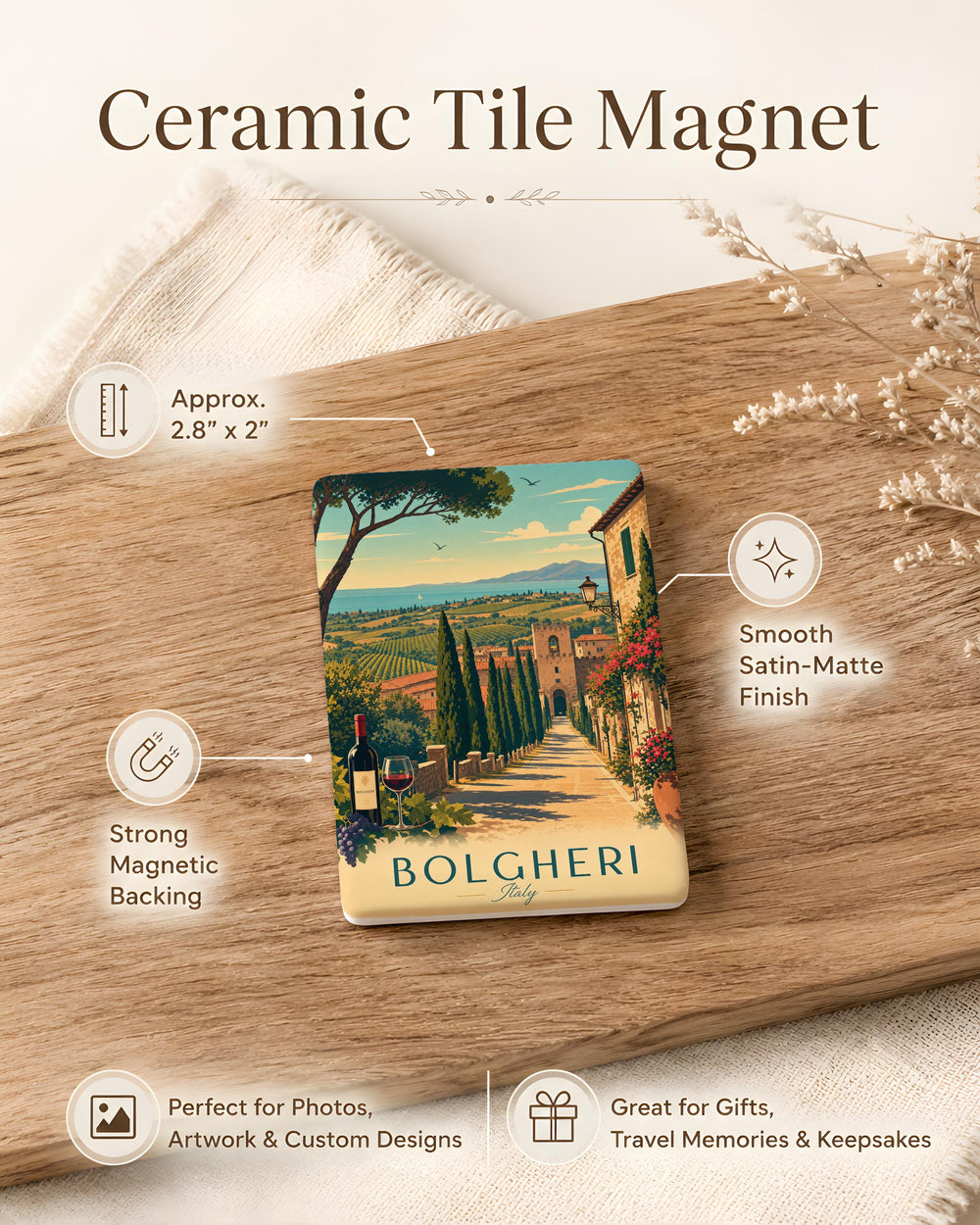Bolgheri Italy Fridge Magnet, Bolgheri Tuscany Travel Souvenir Magnet, Italian Village Landmark Keepsake Magnet