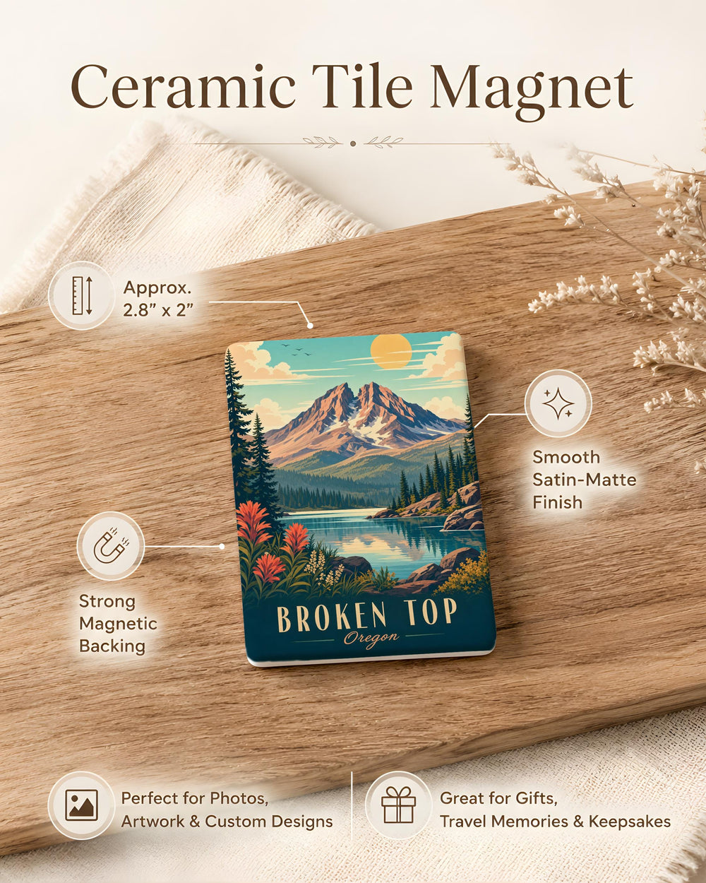Broken Top Mountain Fridge Magnet, Oregon Cascade Peak Souvenir Magnet, Hiking Nature Travel Gift
