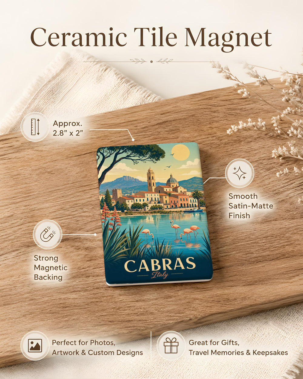 Cabras Italy Fridge Magnet, Cabras Sardinia Souvenir Magnet, Italian Travel Gift, Cabras Town Landmark Keepsake Magnet