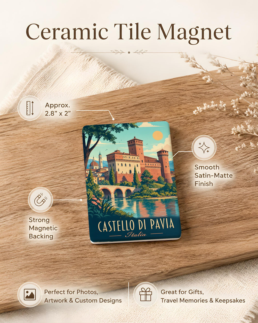 Castello di Pavia Fridge Magnet, Pavia Castle Landmark Souvenir Magnet, Italy Travel Keepsake Refrigerator Magnet