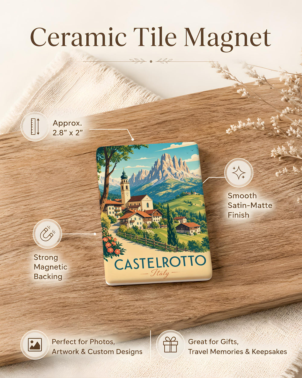 Castelrotto Italy Fridge Magnet, Alpe di Siusi Dolomites Souvenir Magnet, South Tyrol Travel Gift, Italian Village Keepsake